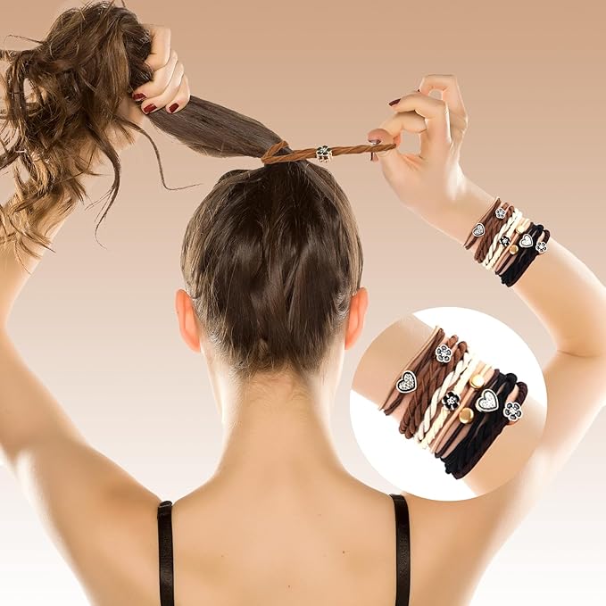 Hair Ties & Bracelets for Women, 48PCS Boho Hair Accessories - Hair Ties, Hair Tie Bracelets, No Damage for Thick, Thin, Medium, Long Hair - Heart, Nylon & Cotton, Multicolor, 48 Count