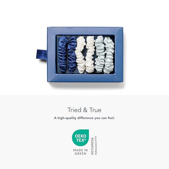 Fishers Finery 25 Momme Pure Mulberry Silk Skinny Scrunchies - Hanukkah Gift (Navy|Light Blue|White- 6 Pk)