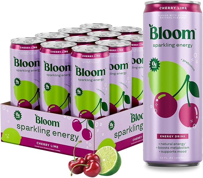 Bloom Nutrition Sparkling Energy Drink - Natural Caffeine, Zero Sugar, 180mg Caffeine - Antioxidant-Rich w/Green Coffee Bean, Green Tea Extract, Prebiotics - Cherry Lime - 12oz 12 pk