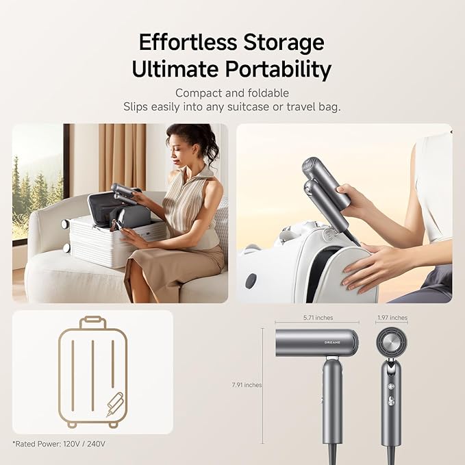 Dreame Pocket Pro Hair Dryer, Dual Voltage Travel Blow Dryer with Diffuser, 1300W Professional HighSpeed Ionic Hair Blower, Fast Drying, Low Noise, Lightweight, No Heat Damage, Global Travel 120V/240V