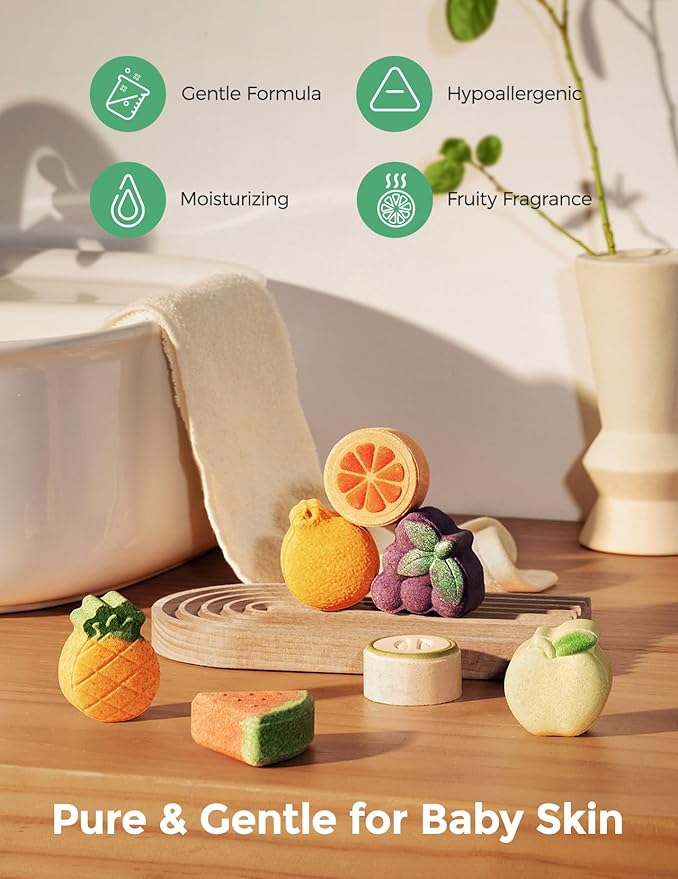 Momcozy 14-Pack Fruit Bath Bombs with Essential Oil, Ideal Christmas Gift for Happy Educational & Fun Bath Time, Bath Bombs Kit with 7 Cute Fruit Shapes, Ideal Gifts for Kids Girls Boys Toddlers