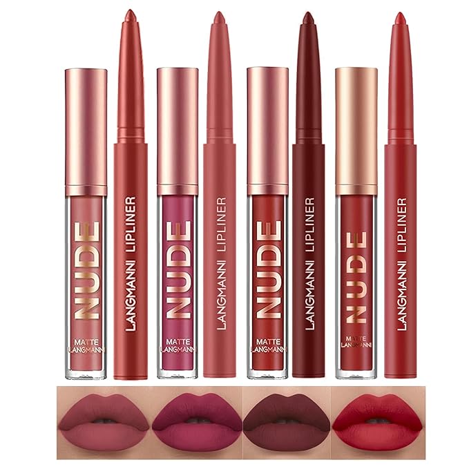 LANGMANNI 4pcs Matte Lipstick with Lipliners Durable Makeup Set,Long-Lasting Non-Stick Cup Not Fade Waterproof Pigmented Velvet Lipgloss Kit Beauty Cosmetics Makeup Gift for Girls(#3+4+6+12)