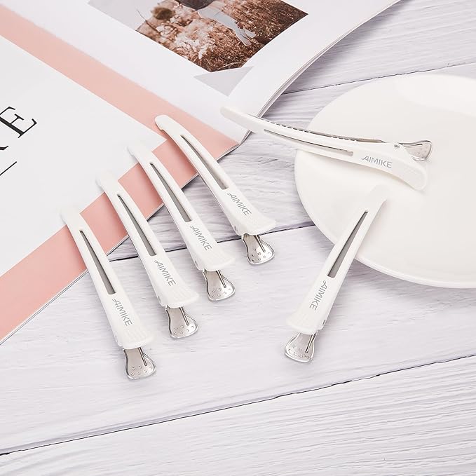 AIMIKE 6pcs Professional Hair Clips for Styling Sectioning, Non Slip No-Trace Duck Billed Hair Clips with Silicone Band, Salon and Home Hair Cutting Clips for Hairdresser, Women, Men - White 4.3” Long
