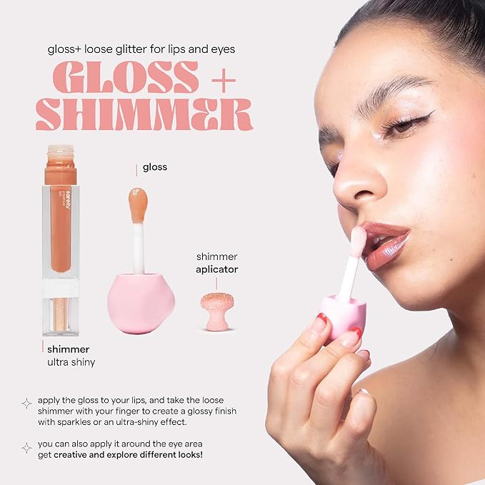 SARELLY, Lip Gloss + Shimmer, Peony Carajillo & Rose Quartz Flakes, Makeup, Vegan Lip Shine, Sarelly Creative Lab