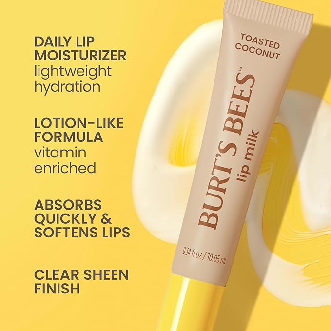 Burt’s Bees Stocking Stuffers, Lip Milk, Daily Lip Moisturizer, Toasted Coconut, Vitamin Enriched Moisturizing Lip Balm with Almond Milk and Jojoba Oil, Hydrating for Softer Lips, 1 Tube, 0.34 Fl Oz