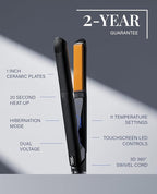 GLAMPALM Hair Straightener 1" Ceramic Flat Iron Infused with Vita C, Korea's No.1 Professional Salon Tool, 3D Swivel Cord & Dual Voltage, Digital LED(210°–450°), 20s Fast Heat-Up, Black (GP201T)