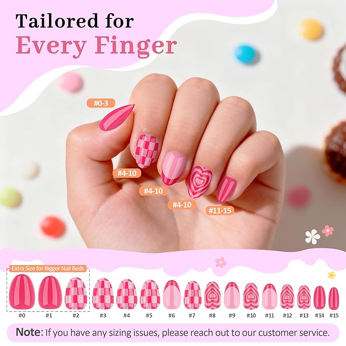 16 Sizes Press on Nails Kit for Kids - 32 Pieces French Almond Fake Nail Tips for Girls 8-12 Years Old with Jelly Nail Adhesives & No-Lamp Nail Glue, Birthday Christmas Gifts (Rose Pink Grid)