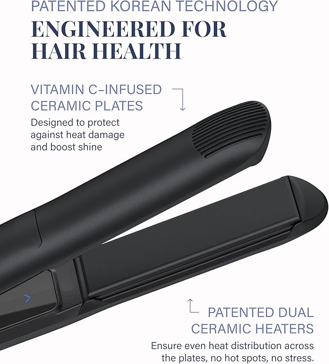 GLAMPALM Hair Straightener 1" Ceramic Flat Iron Infused with Vita C, Korea's No.1 Professional Salon Tool, 3D Swivel Cord & Dual Voltage, Digital LED(210°–450°), 20s Fast Heat-Up, Pure Black (GP201T)