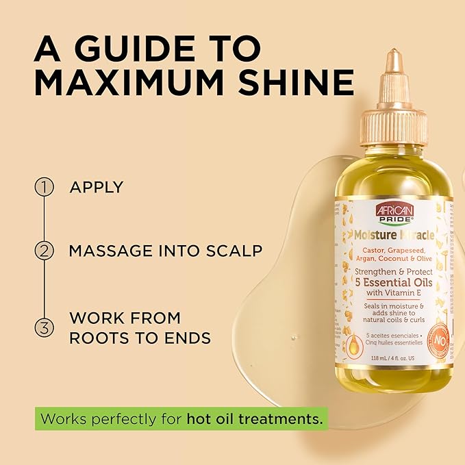African Pride Moisture Miracle 5 Essential Hair Oils with Vitamin E (Pack of 3) | Moisture, Shine, Protection, and Growth | Argan, Castor, Grapeseed, Coconut, and Olive Oil | 4 oz