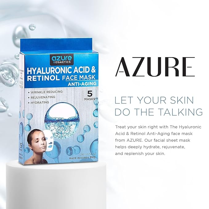 Azure Cosmetics 24K Gold, Caviar, Vitamin C, Hyaluronic Acid, Retinol & Collagen Anti-Aging Face Mask - Ultimate Variety Pack of 20 - Dermatologist Tested - Hydrating & Firming - Korean Skin Care