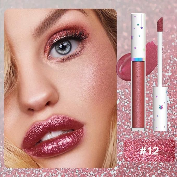 evpct 1Pcs Mauve Red Metallic Glitter iridescent Liquid Lipstick for Women Long Lasting Waterproof 24, Maroon Red frosted Metallic Glitter Shimmer Chrome Glossy Lipsticks Lip Gloss Stains Makeup Set