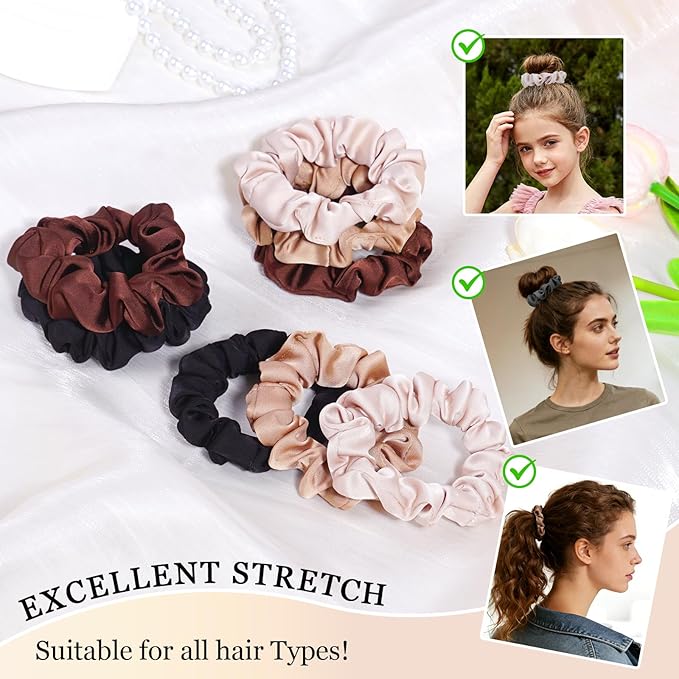 Ultra-Petite Satin Scrunchies for Women – 8PCS Neutral Hair Ties (Black, Blonde, Dark Brown, Light Brown) – Softer Than Silk, No Crease, Frizz-Free, Gentle Elastic Bands for Day & Night, Perfect Gifts