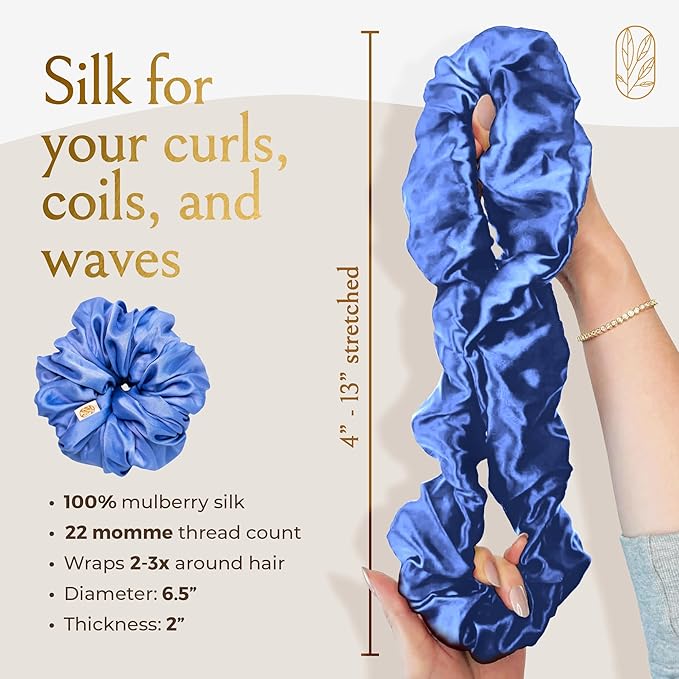 Silk Scrunchies for Women Ponytail Holders – Oversized Mulberry Silk Scrunchies – Extra Large No Damage Hair Ties for Curly, Thick, and Thin - Hair Accessories for Women – Cerulean, XL By Curlfriend