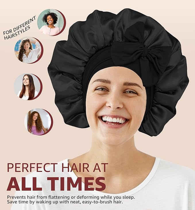 HiRui Silk Satin Bonnet for Sleeping Women, Double-Layer Sleep Cap Shower Cap with Adjustable Tie, Moisture Retaining Satin Lined Hair Bonnet for Curly and Natural Hair (Black, Large)