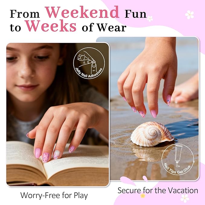 16 Sizes Press on Nails Kit for Kids - 32 Pieces French Almond Fake Nail Tips for Girls 8-12 Years Old with Jelly Nail Adhesives & No-Lamp Nail Glue, Birthday Christmas Gifts (Pink Ice Cream)