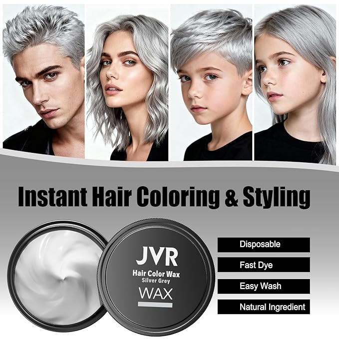JVR Temporary Silver White Hair Color Wax for Women Men Natural Matte Color Hair Dye Wax, 2 IN1 Girl Boy Hair Styling Mud Washable Disposable Hair Style All Day Hold for Party, Cosplay