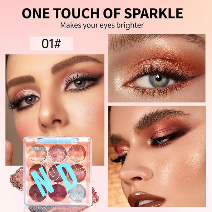 9-Color Nude Brown Eyeshadow Palette – Matte Shimmer Glitter Peach Caramel Bronze Eye Shadow Kit, High Pigment Blendable Long-Lasting Warm Neutral Makeup Palette for Daily Wear, Soft Glam & Travel