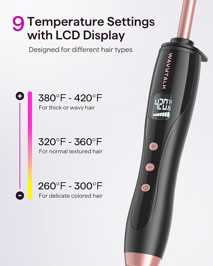 Wavytalk 3/8 Inch Small Curling Iron Wand for Short & Long Hair, Ceramic Barrel with Adjustable Temperature, Heat Resistant Glove Included (Rose Pink)