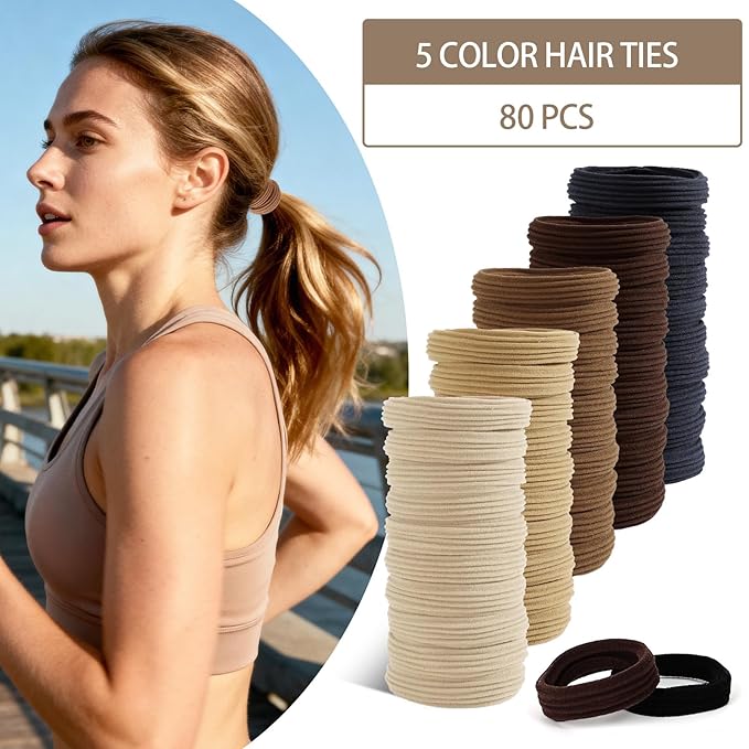 Bessrung 80 Pcs Brown Hair Ties No Damage, Seamless Elastic Hair Ties for Women Girls, Strong, Stretchy Hair Bands, Soft Nylon Ponytail Holders for Thin Thick Hair, Hair Accessories for Christmas Gift