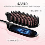 TYMO Hair Straightener Brush - Upgraded Ionic Plus Straightening Brush with Dense Bristles, 16 Temps, Dual Voltage | Ceramic Hot Comb for Women | Flat Iron for Thick Curly Hair, Pink