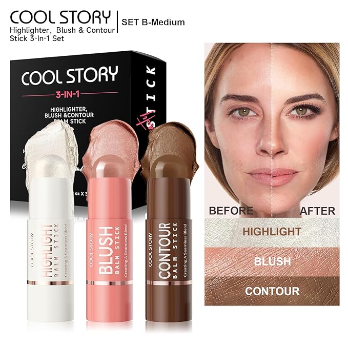 Cool Story 3-in-1 Makeup Set, Highlighter, Blush and Contour Balm Stick, Cream Formula for Face Contouring, Professional Cosmetic Kit (SET-B)