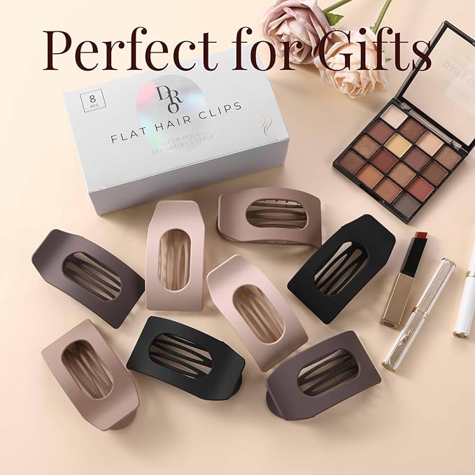 8 Pack Neutral Flat Hair Clips for Women – Large Matte No-Slip Rectangle Claw Clips Thick & Thin Hair in Brown, Black, and Blonde, Strong Hold Square Hair Accessories for Work or Daily Wear