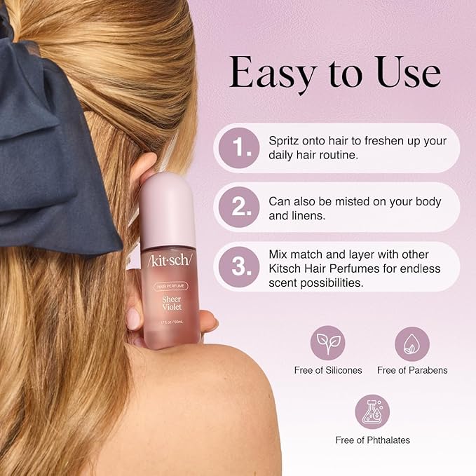 Kitsch Hair Perfume for Women - Sheer Violet | Clean, Deodorizing & Patented Odor-Eliminating Technology Hair Spray & Body Mist - Freshen Hair, Body & Pillows - Raspberry, Soft Musk Scent - 50mL