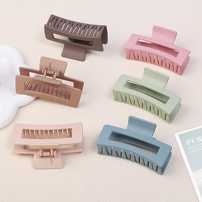 Square Hair Clips 3.5 Inch Medium Claw Clips Rectangle Hair Claw Clips 6 Pack Rubber Paint Jaw Non-Slip Thick Hair Accessories for Women Girls -Brown Colorful
