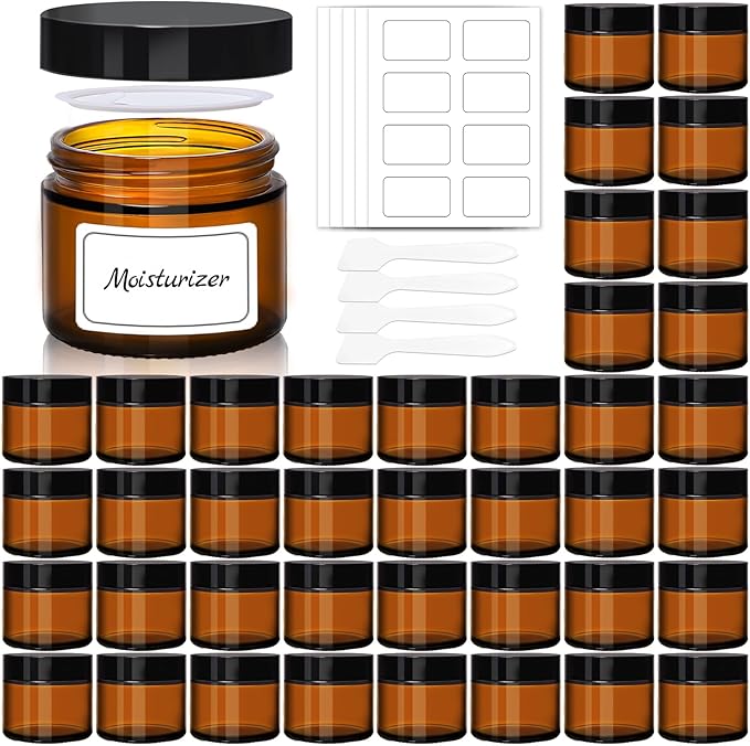 2oz Amber Glass Jars with Lids - 40 Pack Brown Small Cosmetic Containers with Inner Liners, Wide-Round Smooth Mouth, Sealable for Creams, Lotions, Essential Oils, Body Butter, Travel Samples