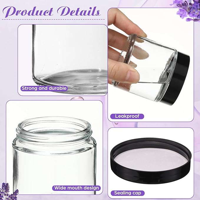 24 Pcs 4 oz Glass Jars with Lids, Clear Candle Jars with Black Lids Round Empty Candles Container Tins Candle Making Storing Lotions Spice Powder Liquid Sample Makeup (Clear)