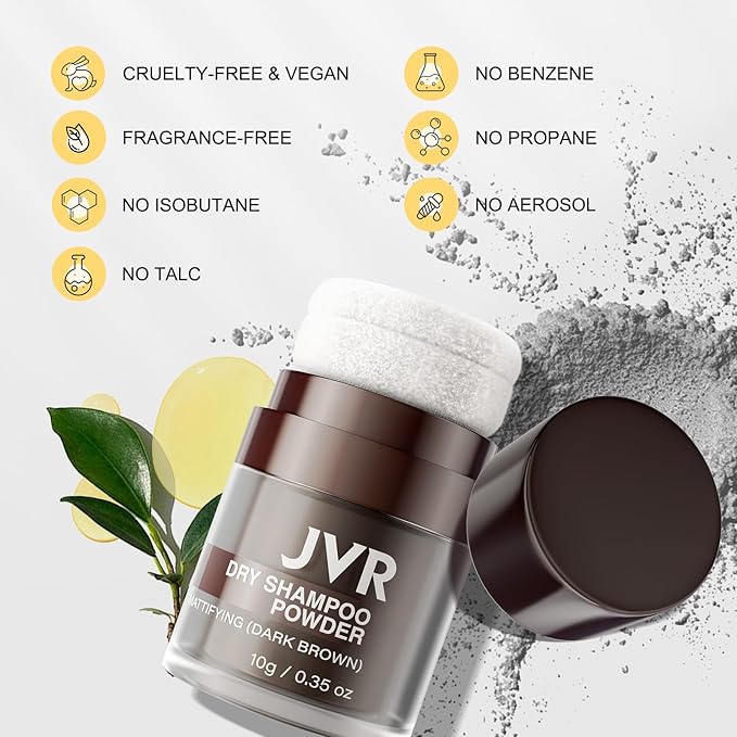 JVR Dry Shampoo Powder Absorbs Oil in Hair, Volumizing, Dry Shampoo for Women & Men, Freshens Hair, Mattifying Root Boost with Tea Extract, Non-Aerosol for Oily Hair Travel Size 0.35 oz (Dark Brown)
