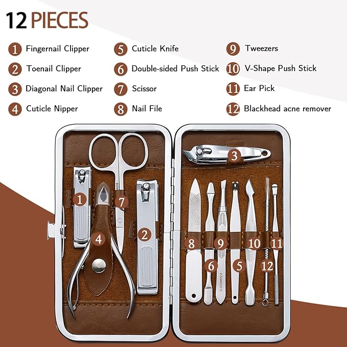 FAMILIFE Manicure Set, Professional Nail Kit Nail Clipper Set, 12PCS Stainless Steel Manicure Kit, with Brown Leather Travel Case Luxury Gifts for Him
