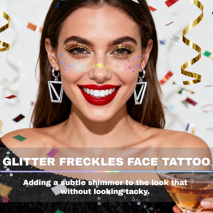 Glitter Freckles, Holographic Face and Body Glitter Tattoo Sparkle for Women Gold Glow Cosmetic Star Makeup Accessories for Festival Rave (12pcs Holographic)