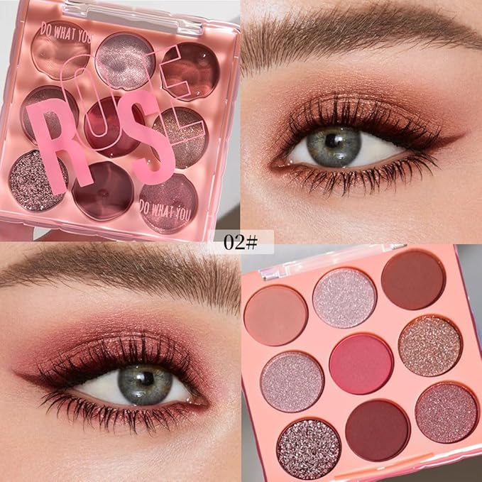 9-Color Rose Nude Brown Eyeshadow Palette – Matte Shimmer Glitter Mauve Pink Burgundy Eye Shadow Kit, High Pigment Blendable Long-Lasting Warm Neutral Soft Glam Makeup Palette for Daily Wear & Travel