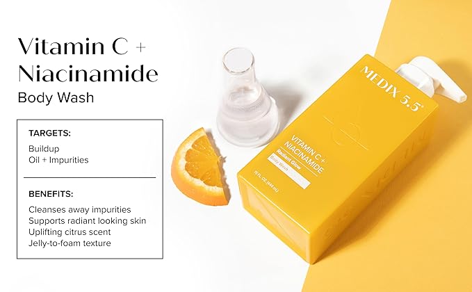 MEDIX Radiant Glow Vitamin C Body Wash W/Niacinamide | Citrus Scented Gentle Body & Face Cleanser For Women, Men, Dry Skin, & Smoother-Looking Skin | Removes Dirt, Oil, & Impurities, 3PC Travel Size