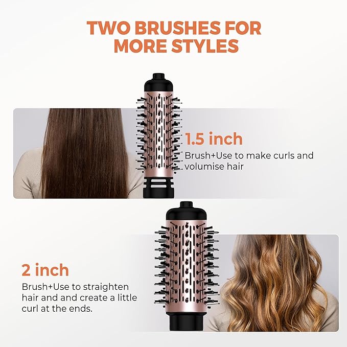 3 in 1 Rotating Hair Dryer Brush, Auto Rotating Blow Dryer Brush Spinning with 2 Brushes (2" & 1.5"), Negative Ionic Brush Blow Dryer, Round Brush Blow Dryer Volumize Curling 100-120V