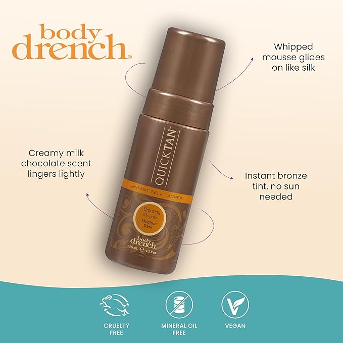 Body Drench QuickTan Self Tanner Mousse – Medium Dark Tan, Sunless Tanning Foam for Body, Natural-Looking Glow, 4.2 oz