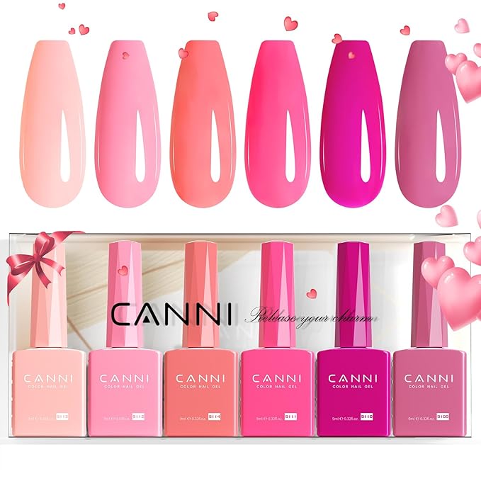 CANNI 6 Colors 9 ML Hema-Free Pink Gel Nail Polish Set, Hot Pink Purple Gel Polish Kit Light Baby Neon Colors, Soak Off LED Manicure Kit DIY at Home Salon Gifts