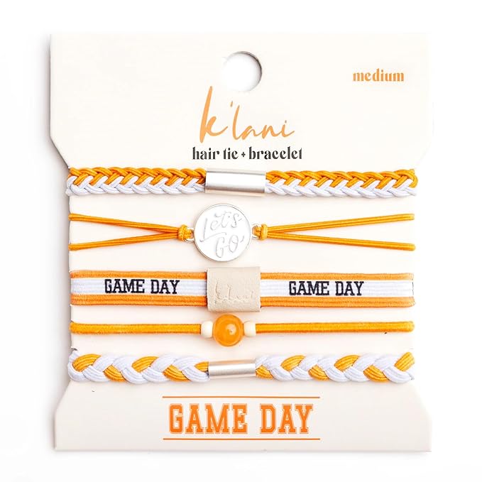K'lani Game Day Hair Tie Bracelets – 5-Pack Stretchy No-Crease Hair Ties & Stylish Bracelets – Team Color Accessory for Hair or Wrist - Orange & White, Medium