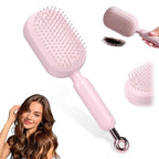 Self Cleaning Hair Brush, Retractable Cushion Massage Comb,Air Cushion Comb,Easy Clean,One-pull Clean Anti Static Brushs, Hairs Styling Tools for All Hairs Types (Pink)