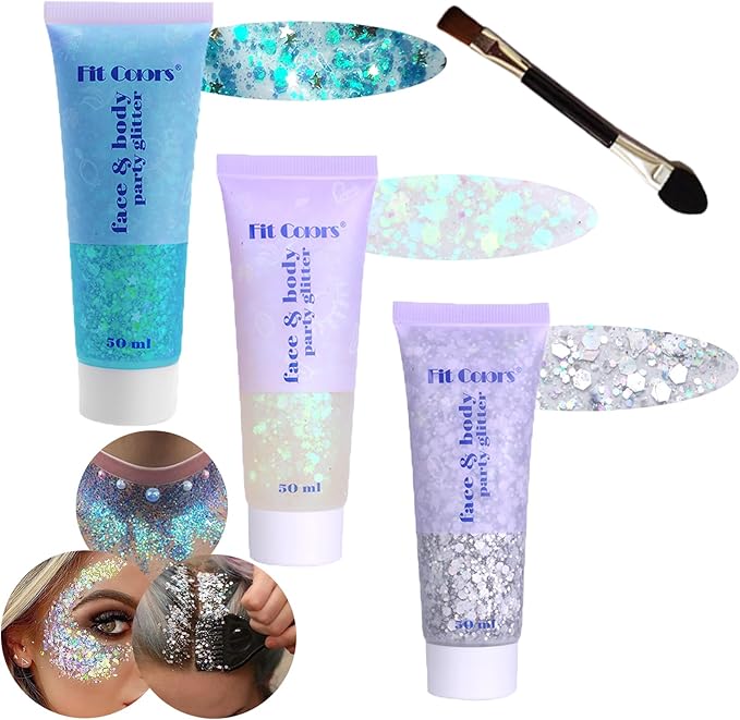 Body Glitter Face Glitter Gel: Singer Concerts Disco Festival Rave Accessories Face Glitter Makeup Chunky Sequins Mermaid Face Body Hair Glitter Gel (White&Silver&Lake Blue)