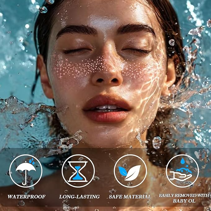 Glitter Freckles, Holographic Face and Body Glitter Tattoo Sparkle for Women Gold Glow Cosmetic Star Makeup Accessories for Festival Rave (12pcs Rosegold)