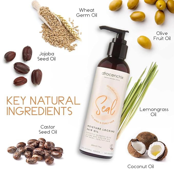 Afrocenchix Seal - Jojoba Oil for Afro and Curly Hair - Moisture Locking Pure and Natural Joba and Castor Oils for Shine, Growth, and Thicker Healthier Hair - Organic Vegan Formula - 200ml (7oz)
