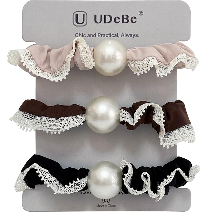Silk Scrunchies Hair Ties 3Packs – Super Soft Thin Hair Scrunchies, Gentle on Hair, Faux Pearl Decorated Hair Accessories for Women
