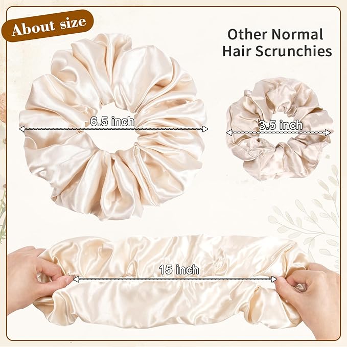 CEELGON Beige Big Satin Scrunchie6.5 Inches Jumbo Scrunchies Silky Hair Ties Oversized Ponytail Holderfor Thick Curly Hair Extra Large Hair Accessories for Women (Beige)