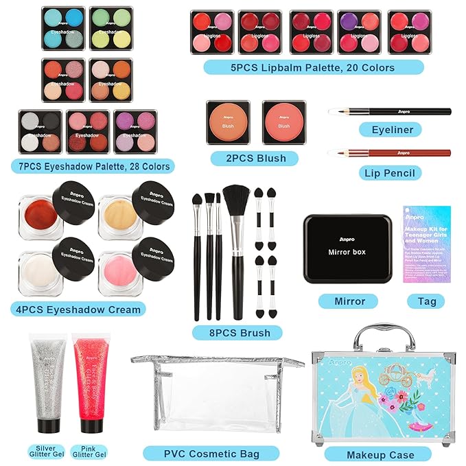 Anpro All-In-One Makeup Kit for Girls 10-12 with Case, Pro Teen Makeup Set, Tween Makeup Kit for Teens Women, Full Starter Make Up Kit with Brushes, Lipstick, Eye Shadows Palette, Blushes, Glitter Gel