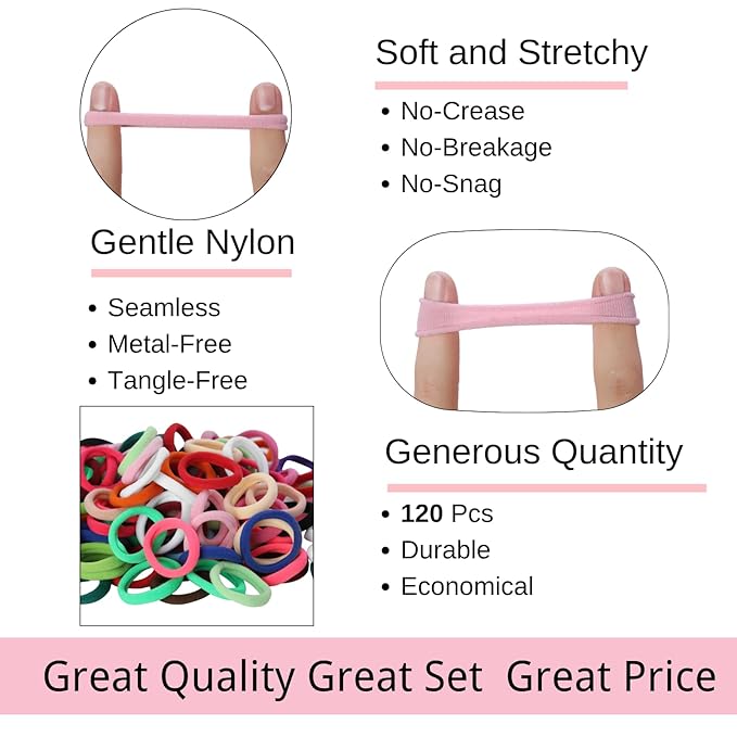 LuSeren 120PCS Colorful Hair Ties for Women – Soft Seamless Nylon Ponytail Holders, No Damage Fabric Hair Elastics for Thick Hair & Daily Matching