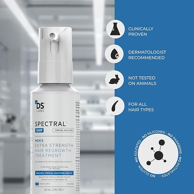 DS Labs Spectral.UHP 5% Minoxidil Hair Density Serum for Men - Extra Strength Topical Formula for Thicker-Looking Hair, Targets Thinning at the Crown Area, With Nanosome Technology, 60mL