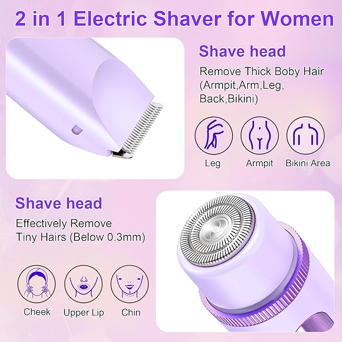 2025 Bikini Trimmer for Women, Cordless& Painless& Waterproof Dual Head Shaver for Women Private Area& Face& Body, 2-in-1 Electric Razors, Bikini Shaver, Hair Trimmer with LCD