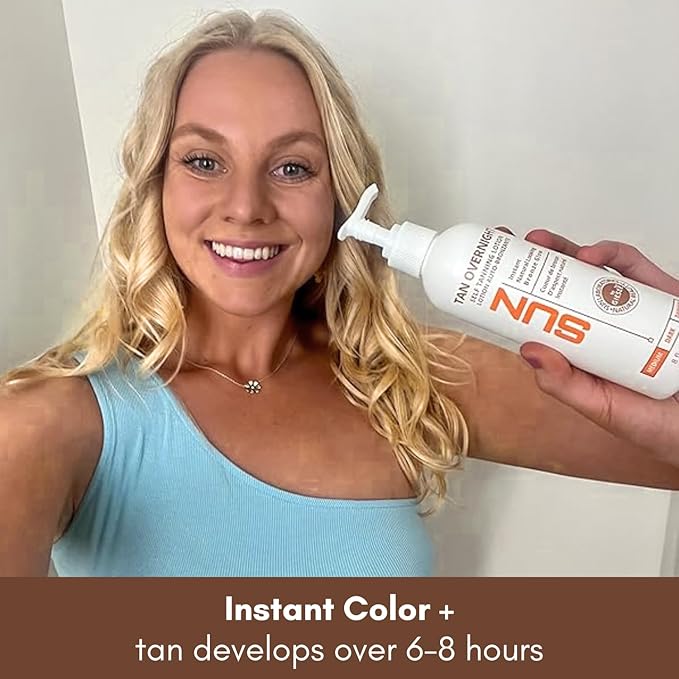 Tan Overnight Sunless Tanning Lotion 8 oz - Self Tanner, Self Tanning Lotion, Face Tanner - Natural, Long Lasting, Instant Dark Bronzer, Gradual Tan for Sun-Kissed Glow